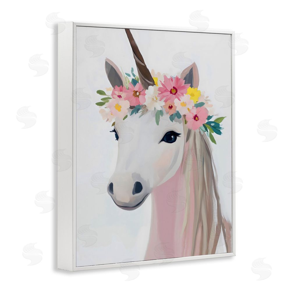 The Prints Vibe Flower Crown Unicorn White Framed Giclee Wall Art