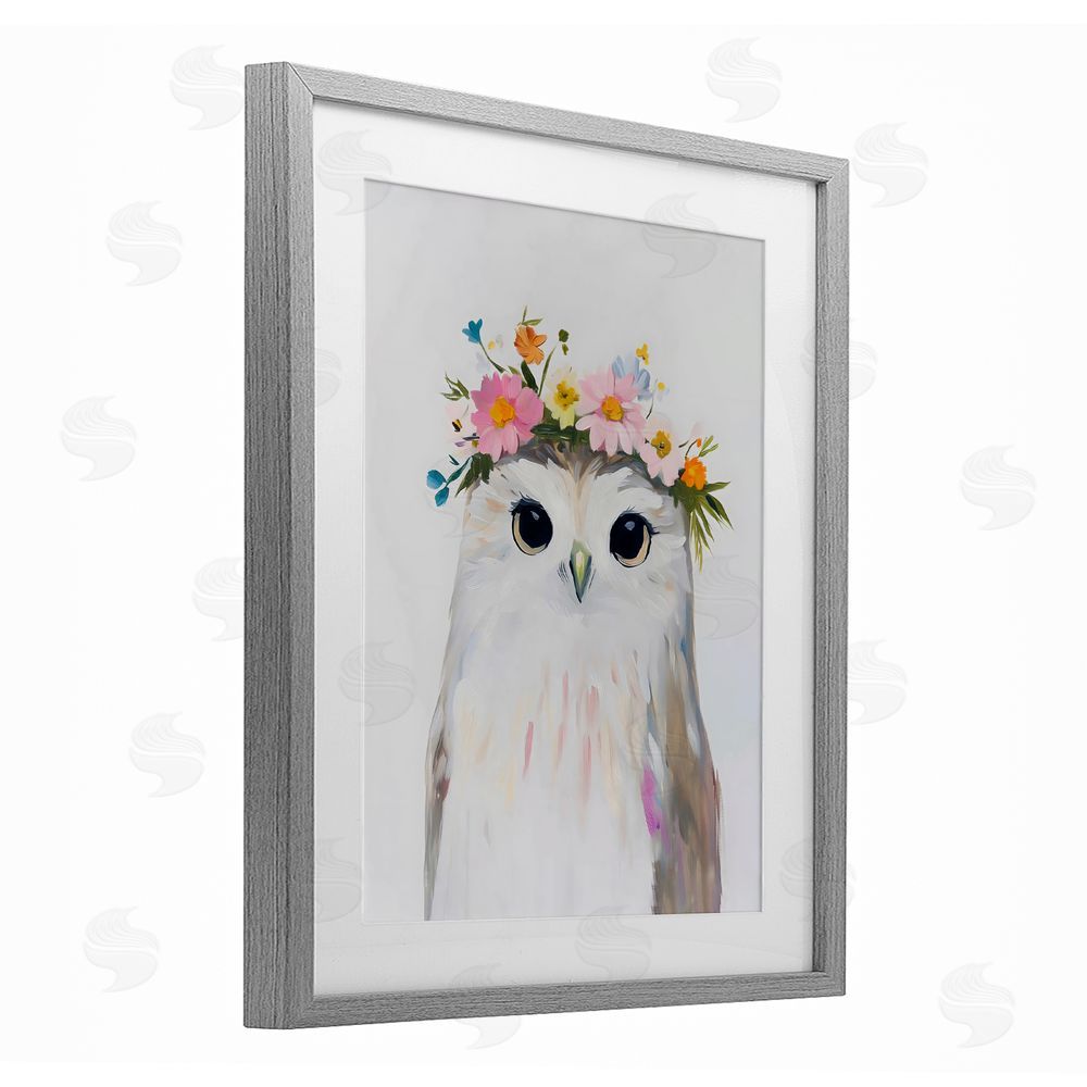 The Prints Vibe Flower Crown Owl Gray Framed Print Under Glass Wall Art