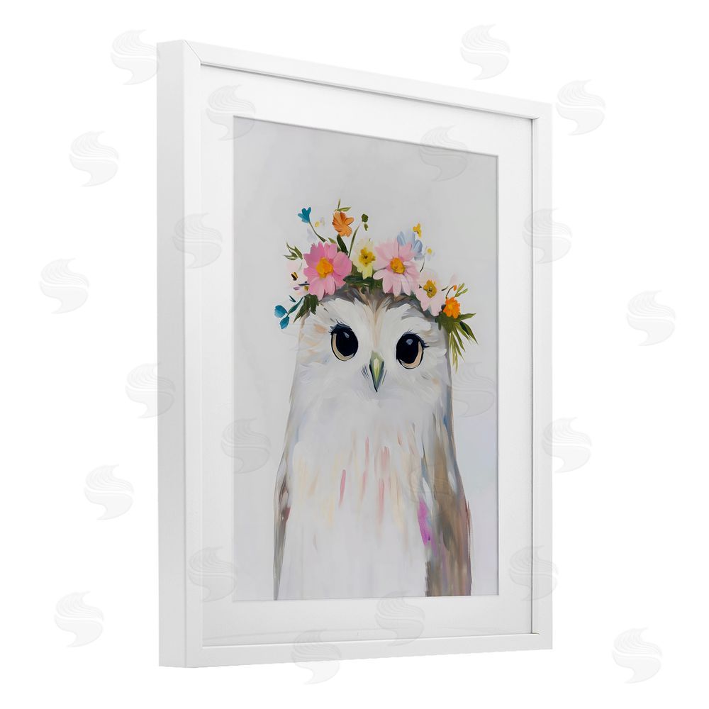 The Prints Vibe Flower Crown Owl White Framed Print Under Glass Wall Art