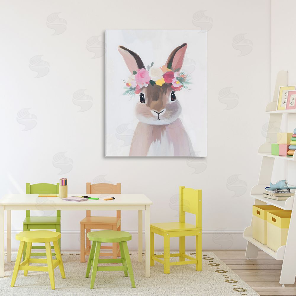 The Prints Vibe Flower Crown Rabbit Stretched Canvas Wall Art in Room
