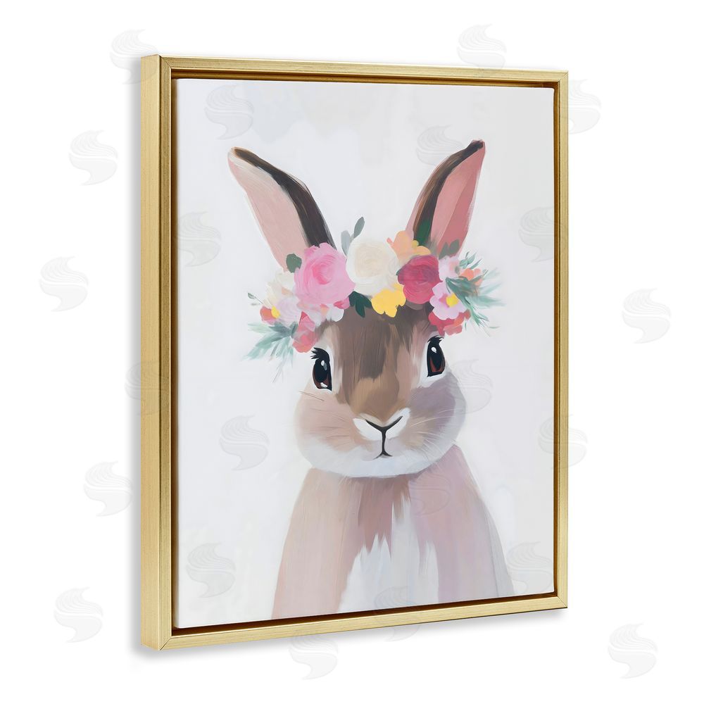The Prints Vibe Flower Crown Rabbit Gold Floating Framed Canvas Wall Art