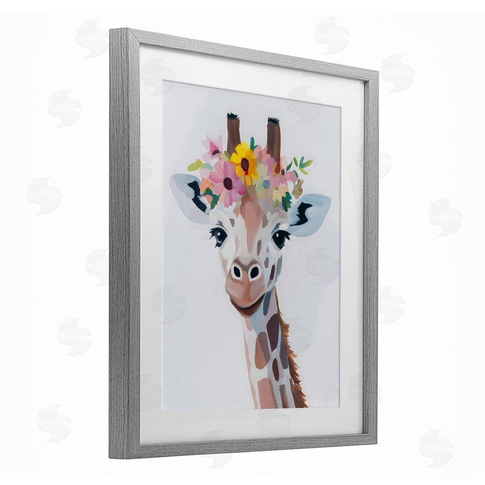 The Prints Vibe Flower Crown Giraffe Gray Framed Print Under Glass Wall Art