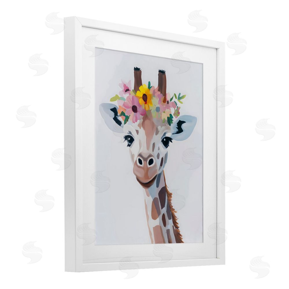 The Prints Vibe Flower Crown Giraffe White Framed Print Under Glass Wall Art