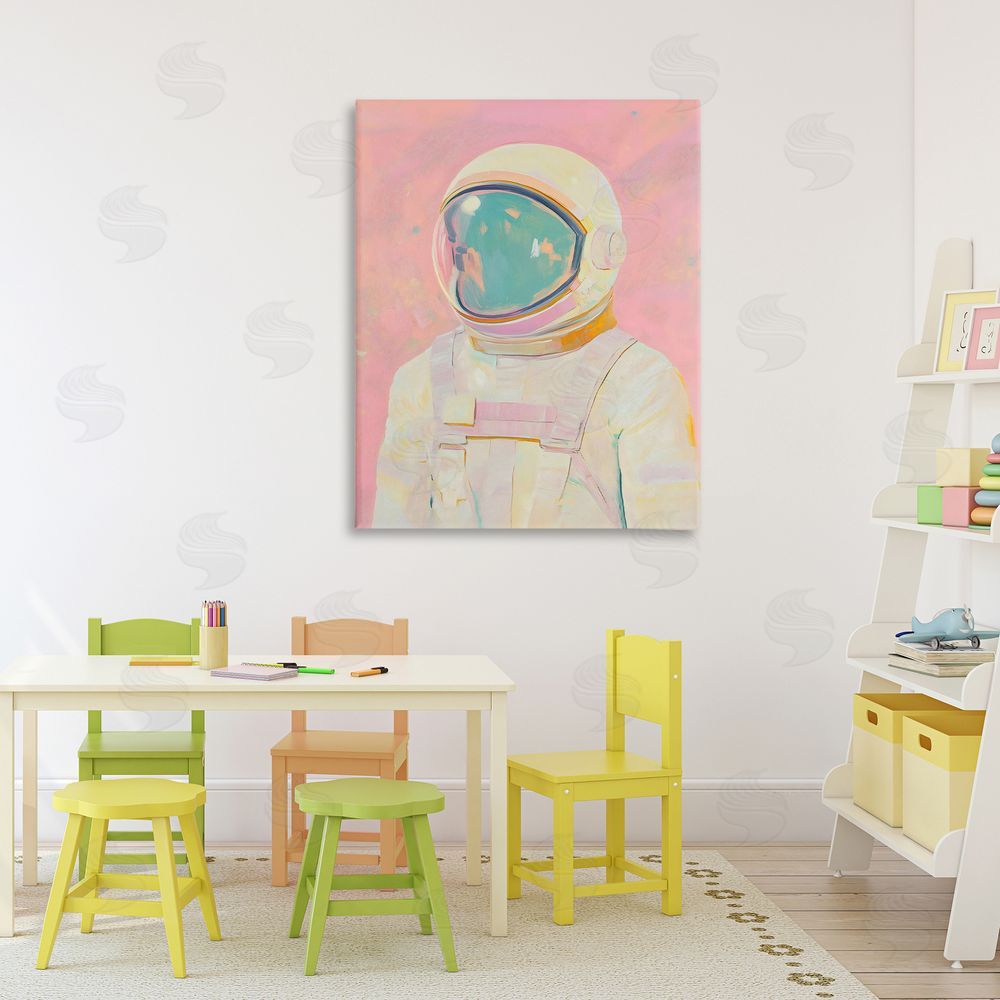 The Prints Vibe Astronaut Portrait in Pink Dream Stretched Canvas Wall Art Print in Room