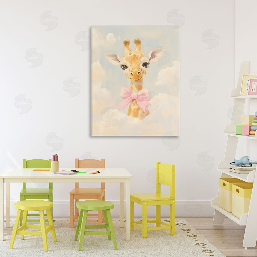The Prints Vibe Charming Giraffe In The Clouds Stretched Canvas Wall Art Print in Room