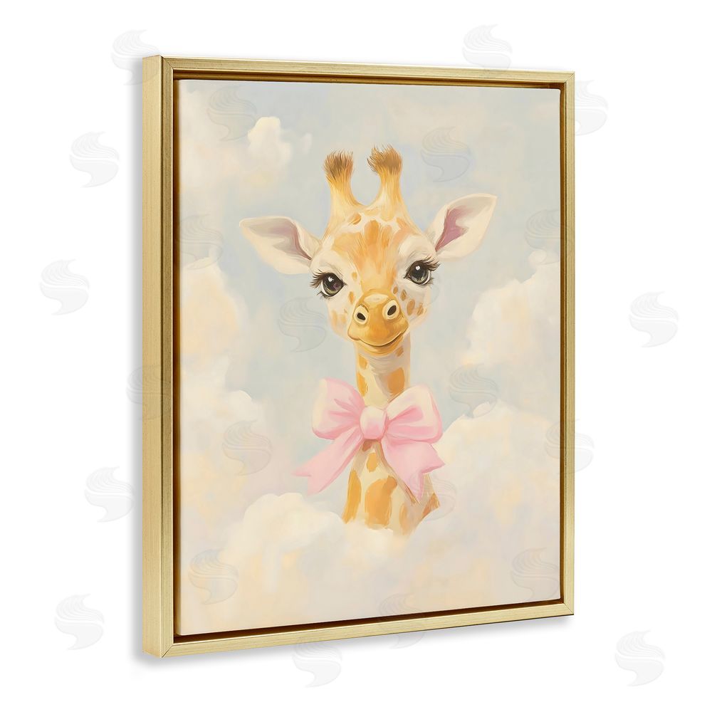 The Prints Vibe Charming Giraffe In The Clouds Gold Floating Frame Stretched Canvas Wall Art Print