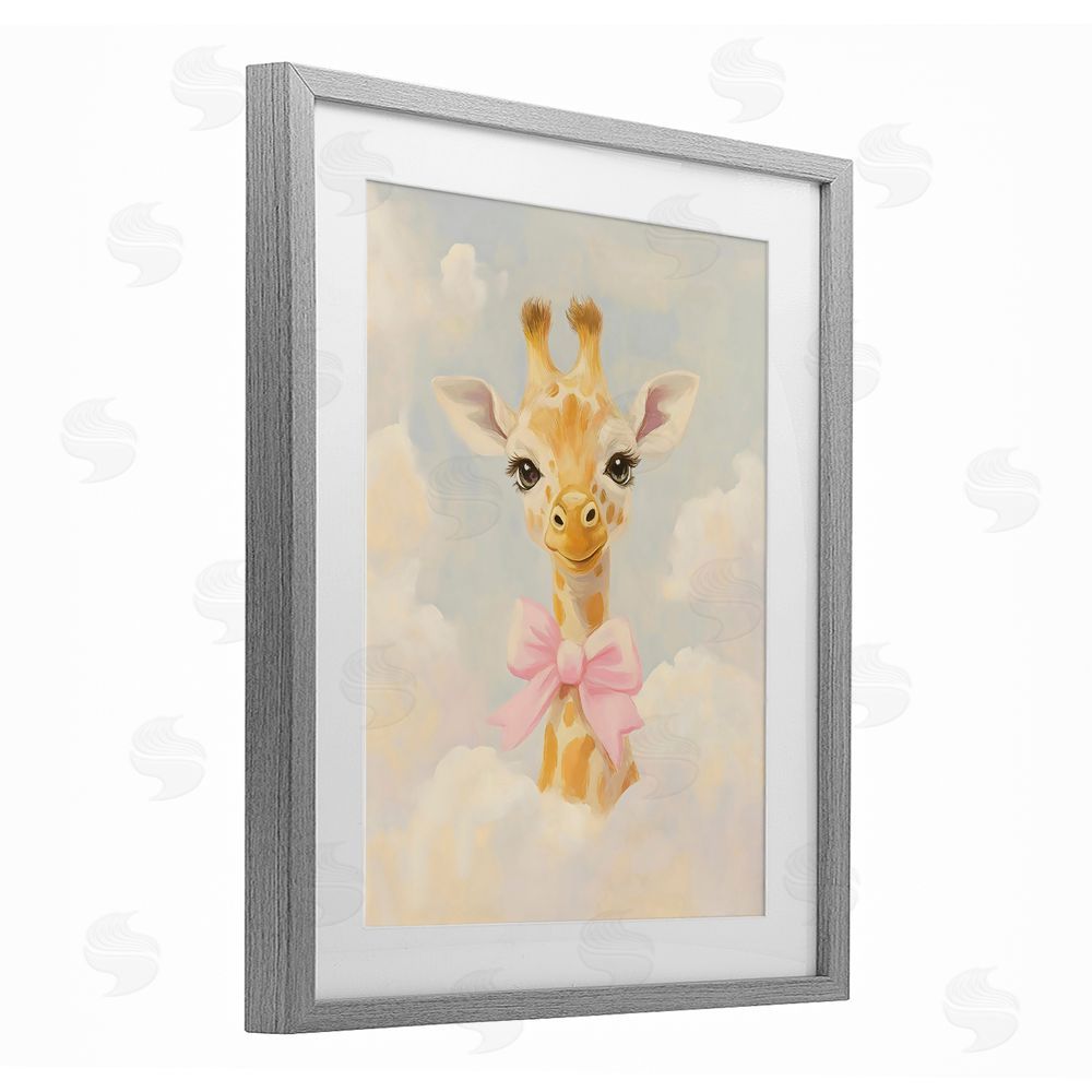 The Prints Vibe Charming Giraffe In The Clouds Gray Framed Print Under Glass with Matting Wall Art