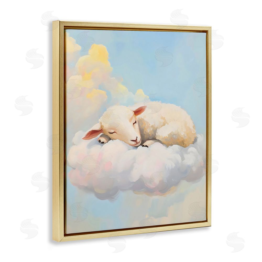 The Prints Vibe Sleeping Sheep on a Cloud Gold Floating Framed Canvas Wall Art Print