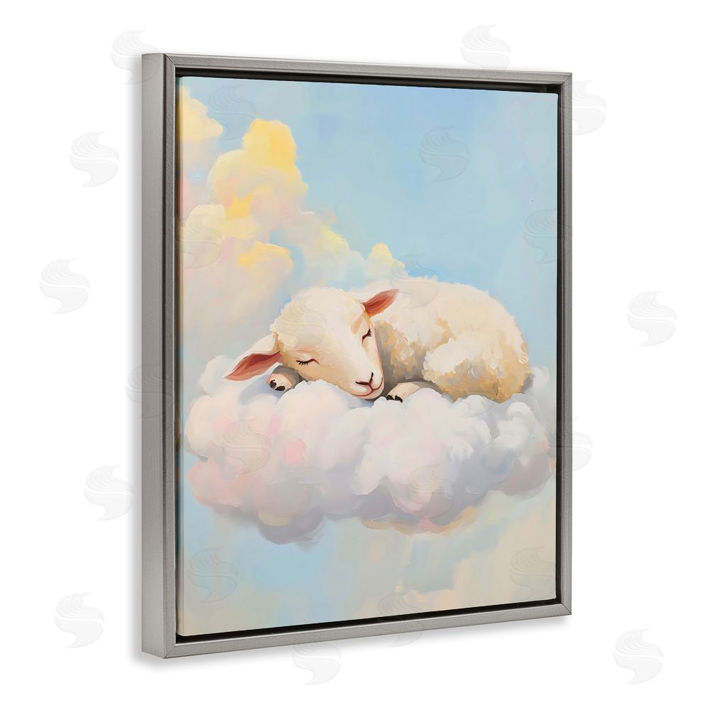 The Prints Vibe Sleeping Sheep on a Cloud Gray Floating Framed Canvas Wall Art Print