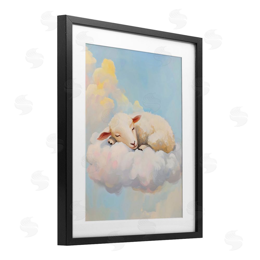The Prints Vibe Sleeping Sheep on a Cloud Black Framed Print Under Glass with White Mat Wall Art