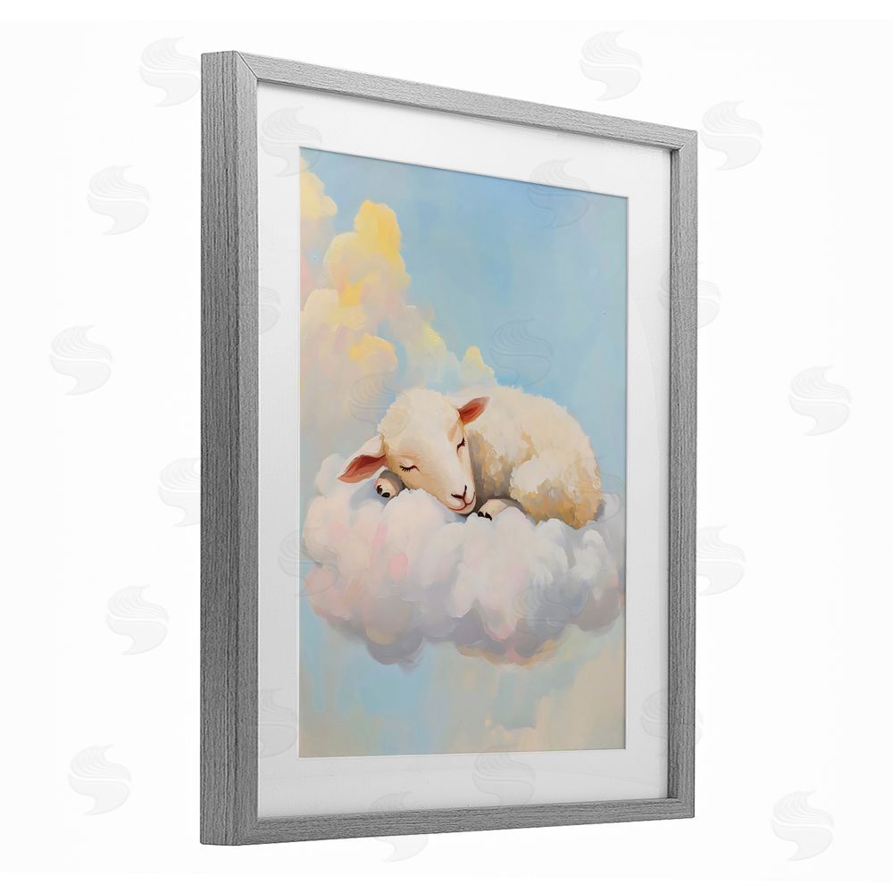 The Prints Vibe Sleeping Sheep on a Cloud Gray Framed Print Under Glass with White Mat Wall Art