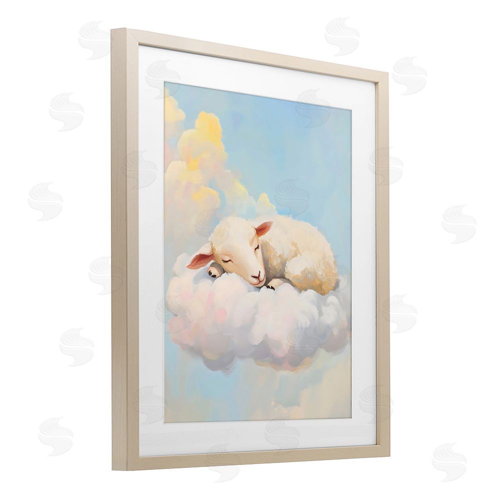 The Prints Vibe Sleeping Sheep on a Cloud Brown Framed Print Under Glass with White Mat Wall Art