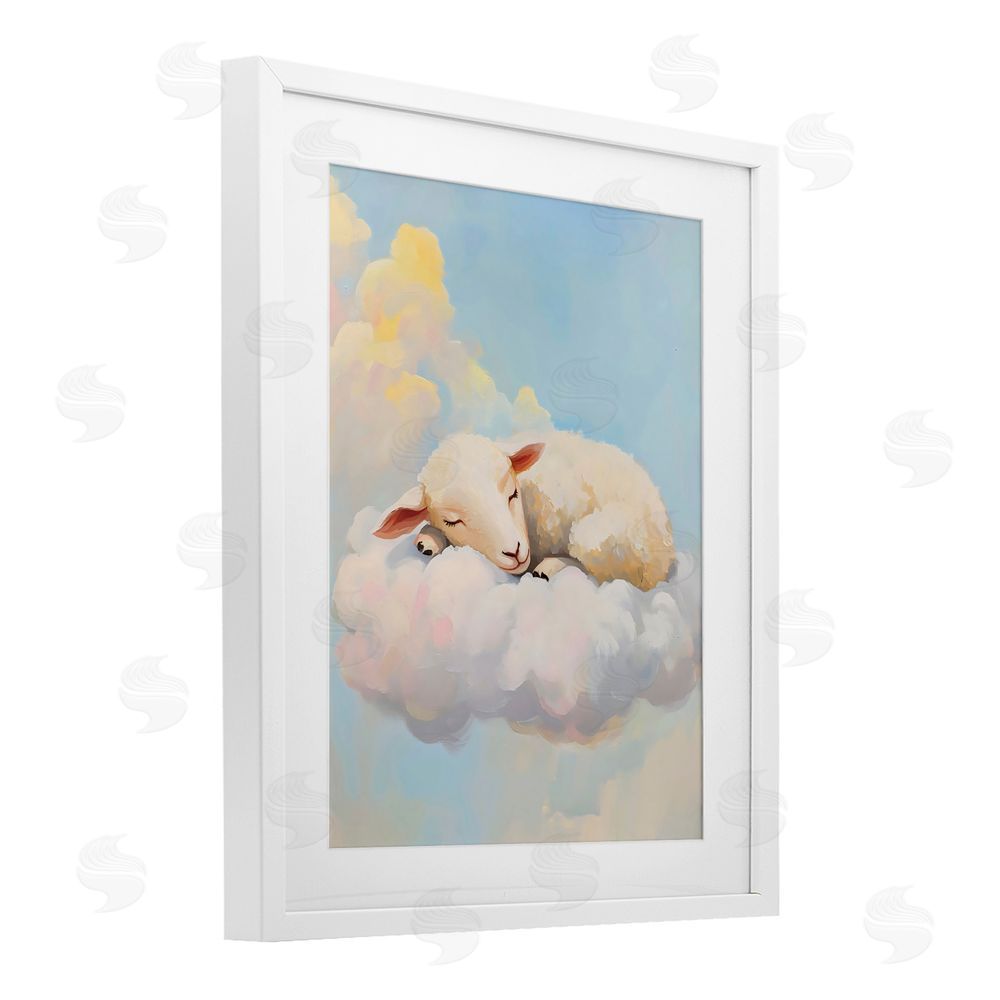 The Prints Vibe Sleeping Sheep on a Cloud White Framed Print Under Glass with White Mat Wall Art