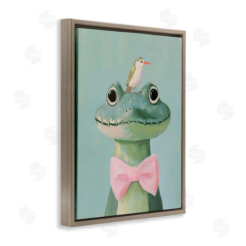 The Prints Vibe Crocodile & Bird with Bowtie Brown Floating Frame Canvas Wall Art Print