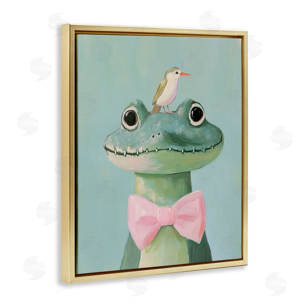 The Prints Vibe Crocodile & Bird with Bowtie Gold Floating Frame Canvas Wall Art Print