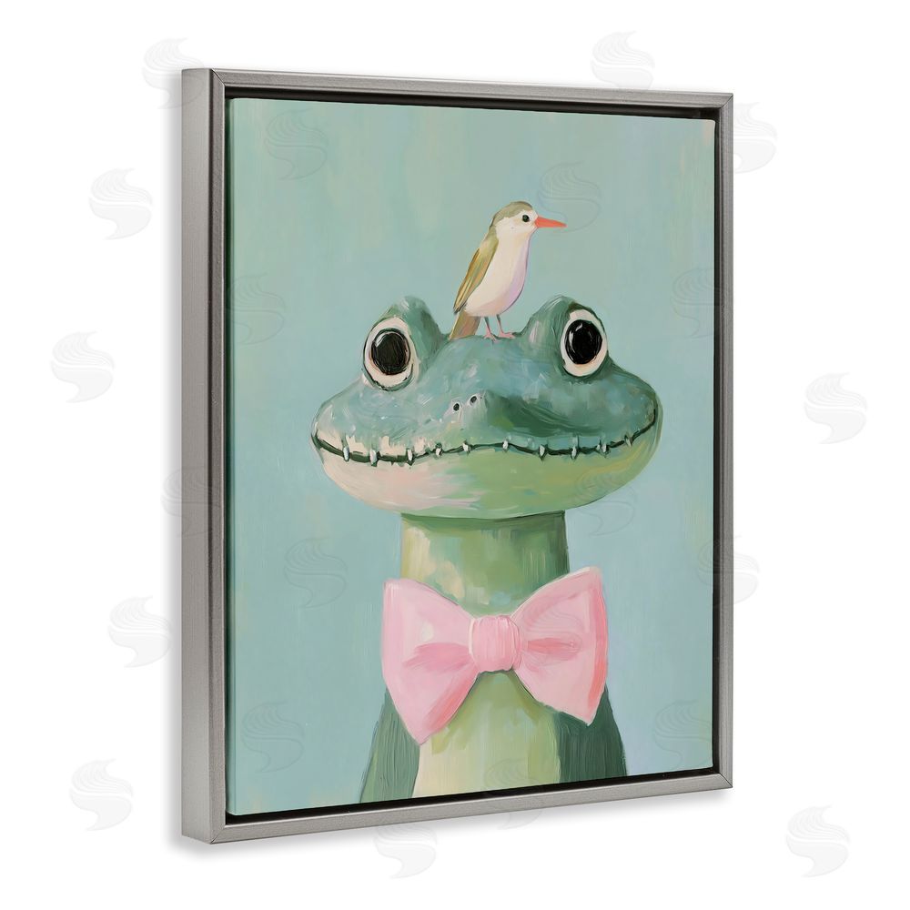 The Prints Vibe Crocodile & Bird with Bowtie Gray Floating Frame Canvas Wall Art Print