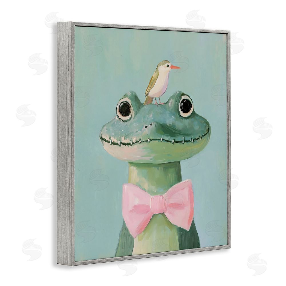The Prints Vibe Crocodile & Bird with Bowtie Gray Framed Giclee Wall Art Print