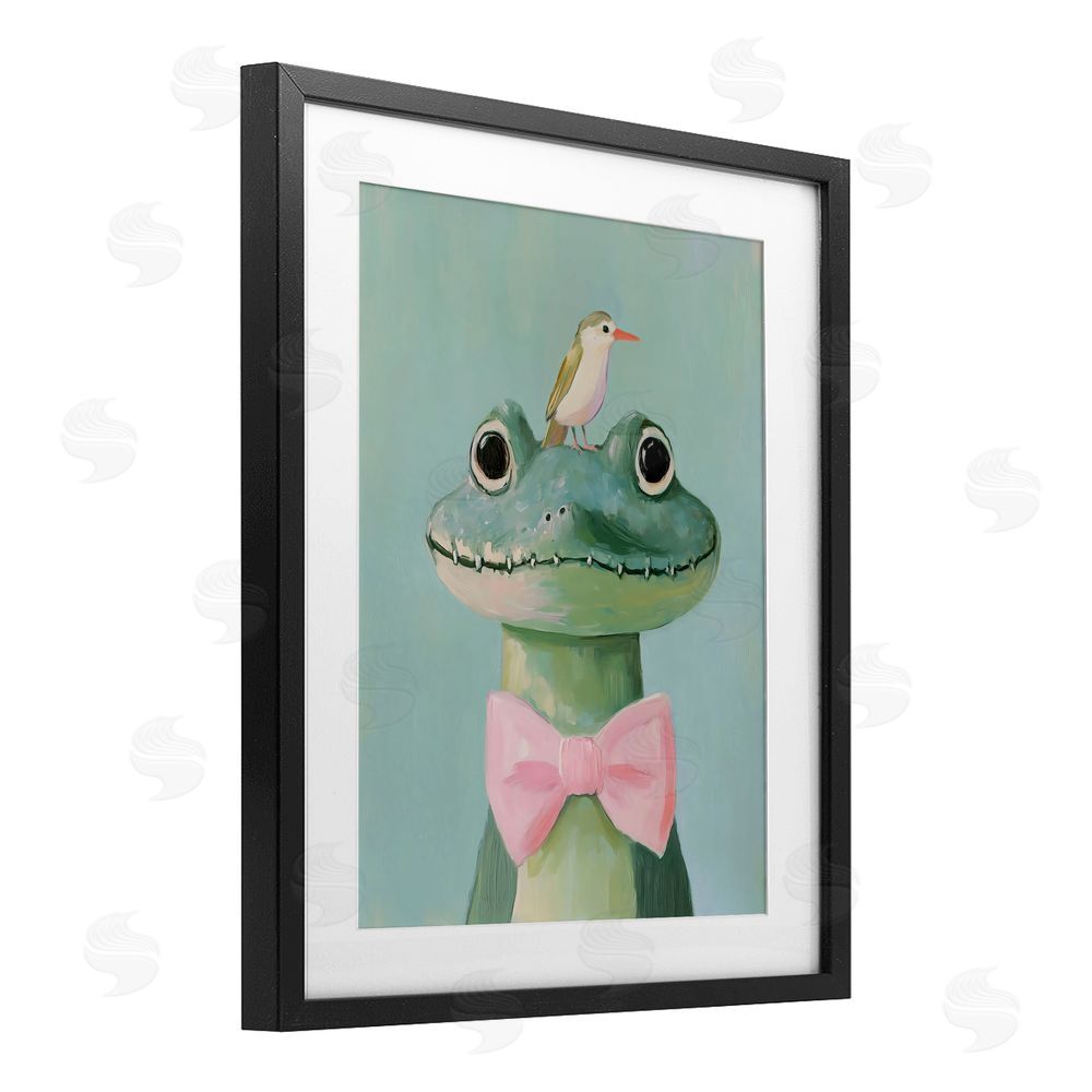 The Prints Vibe Crocodile & Bird with Bowtie Black Framed Print Under Glass Wall Art