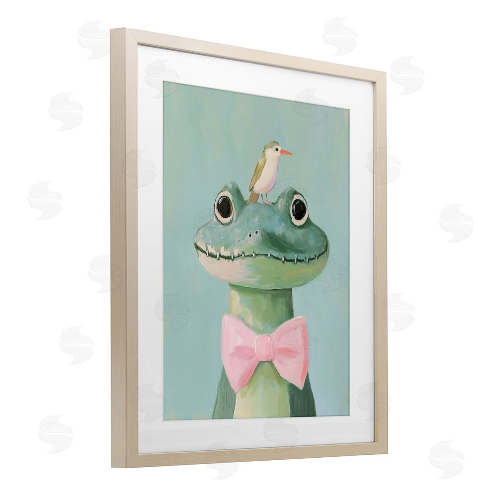 The Prints Vibe Crocodile & Bird with Bowtie Brown Framed Print Under Glass Wall Art