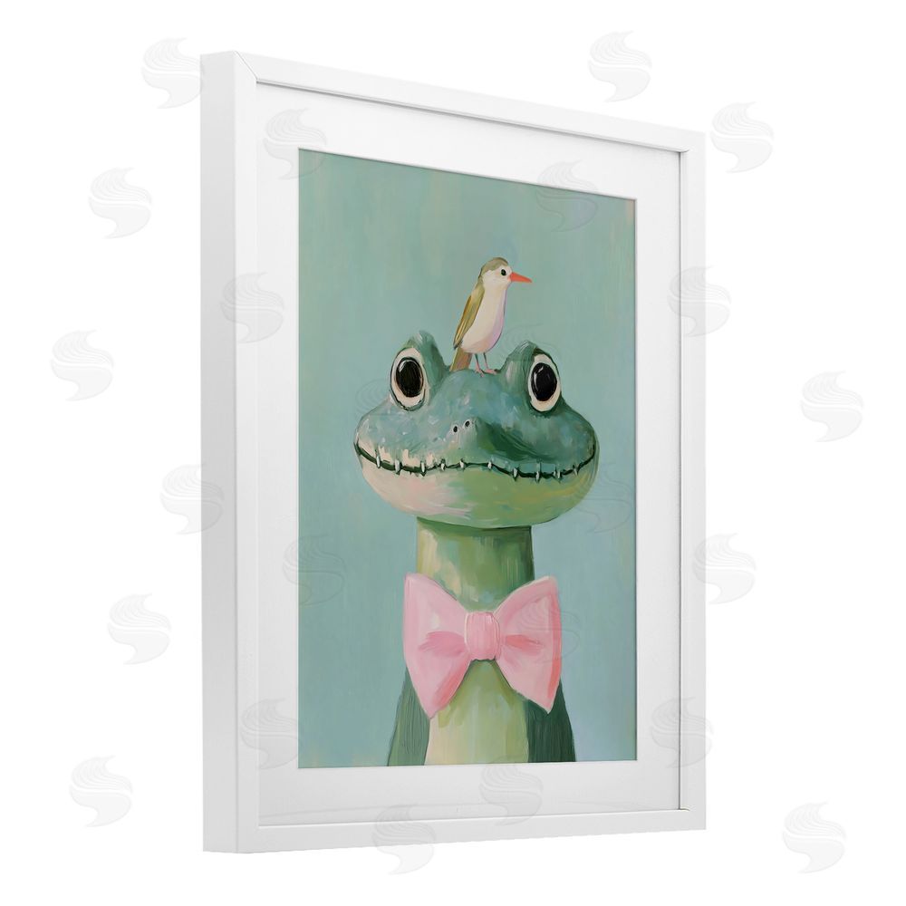 The Prints Vibe Crocodile & Bird with Bowtie White Framed Print Under Glass Wall Art