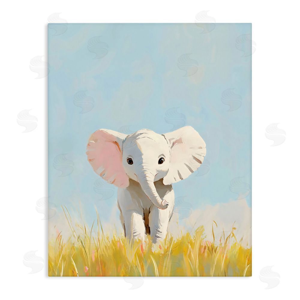 The Prints Vibe White Baby Elephant in Grass Stretched Canvas Wall Art Print