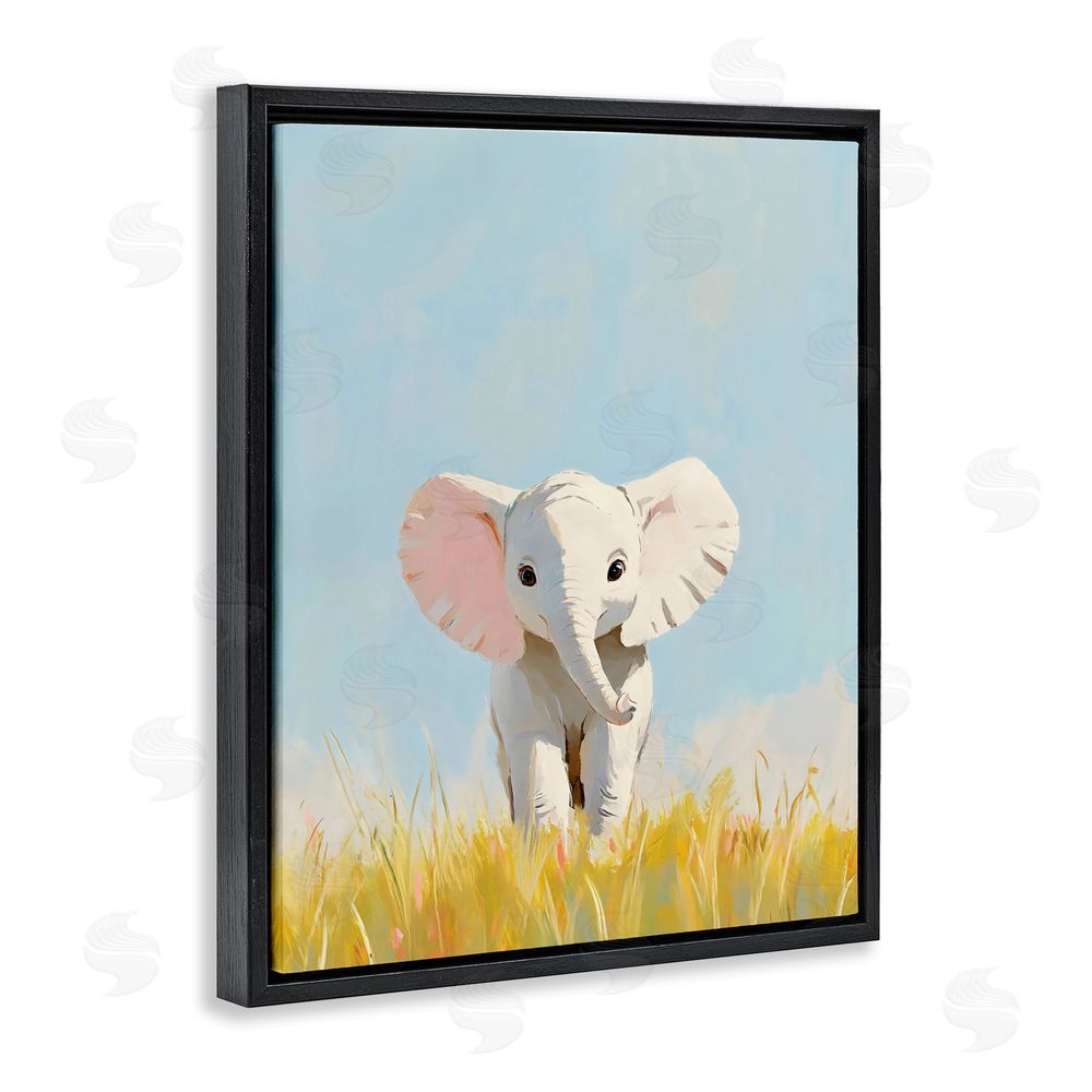 The Prints Vibe White Baby Elephant in Grass Black Floating Framed Canvas Wall Art Print