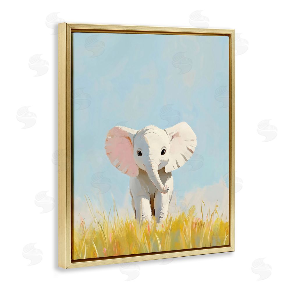 The Prints Vibe White Baby Elephant in Grass Gold Floating Framed Canvas Wall Art Print