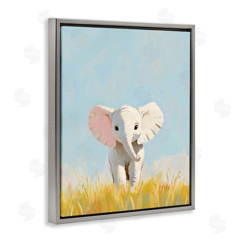The Prints Vibe White Baby Elephant in Grass Gray Floating Framed Canvas Wall Art Print