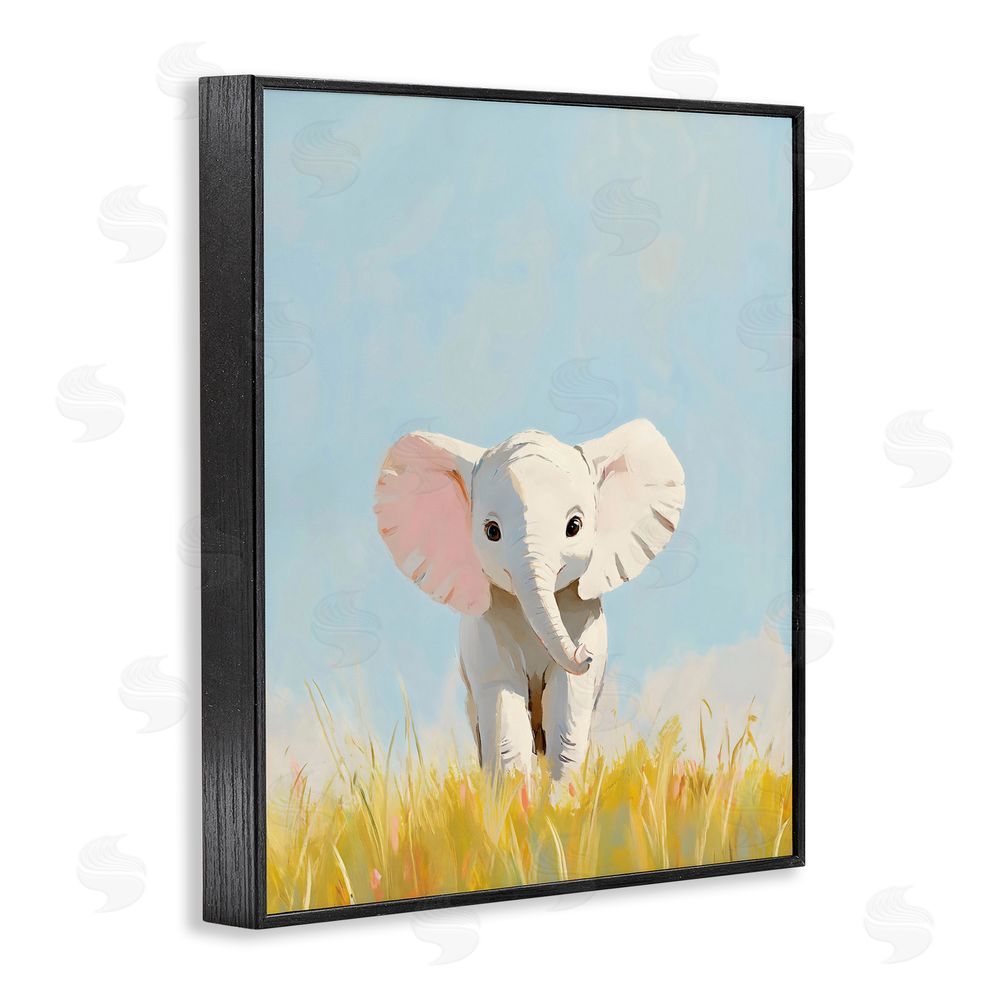 The Prints Vibe White Baby Elephant in Grass Black Framed Giclee Wall Art Print