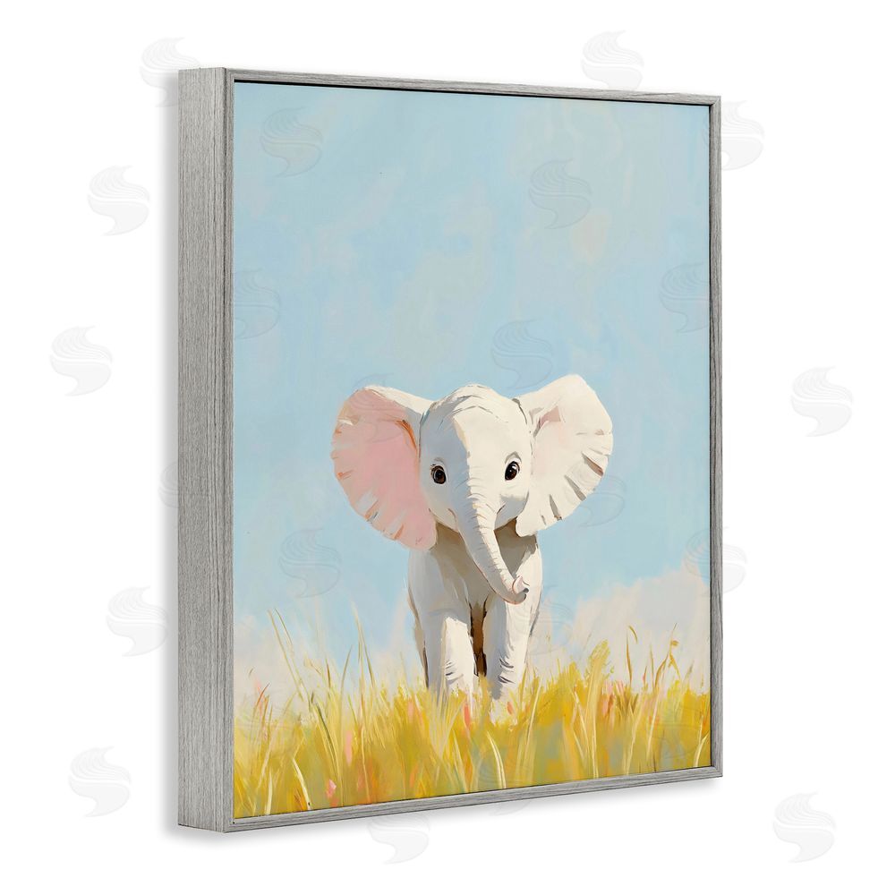The Prints Vibe White Baby Elephant in Grass Gray Framed Giclee Wall Art Print