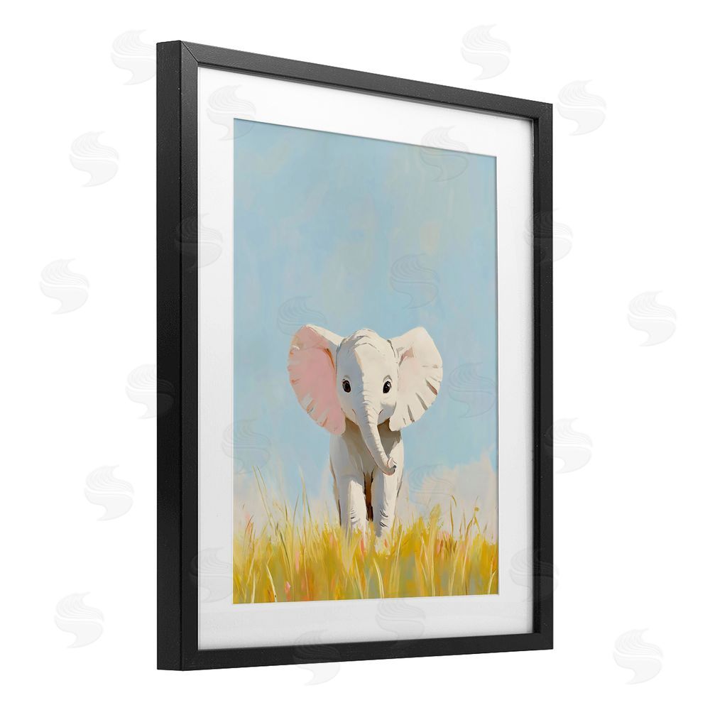 The Prints Vibe White Baby Elephant in Grass Black Framed Print Under Glass with White Mat Wall Art