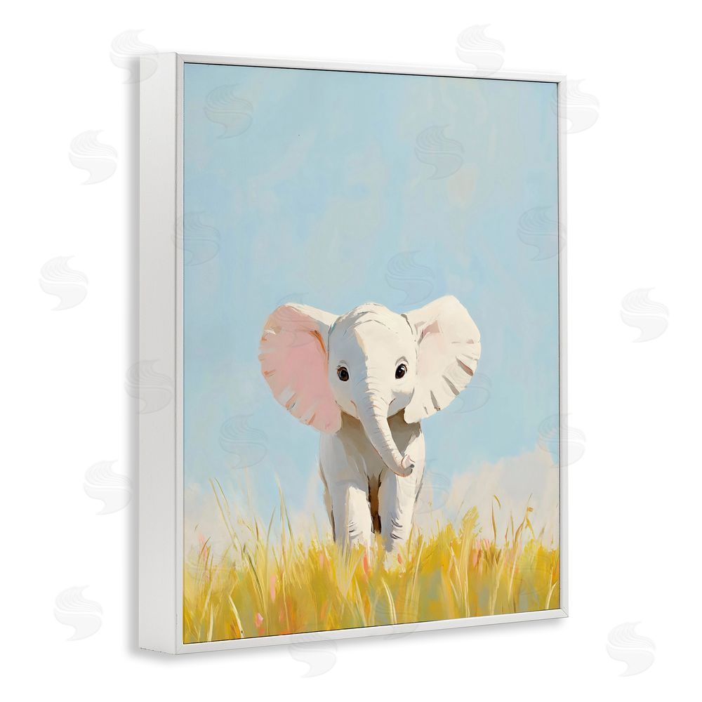 The Prints Vibe White Baby Elephant in Grass White Framed Giclee Wall Art Print
