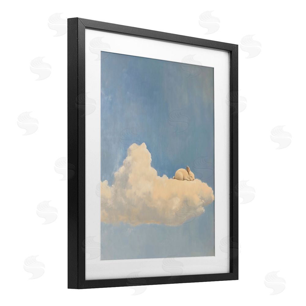 The Prints Vibe Sleeping Bunny on Cloud Black Framed Print Under Glass with White Mat Wall Art