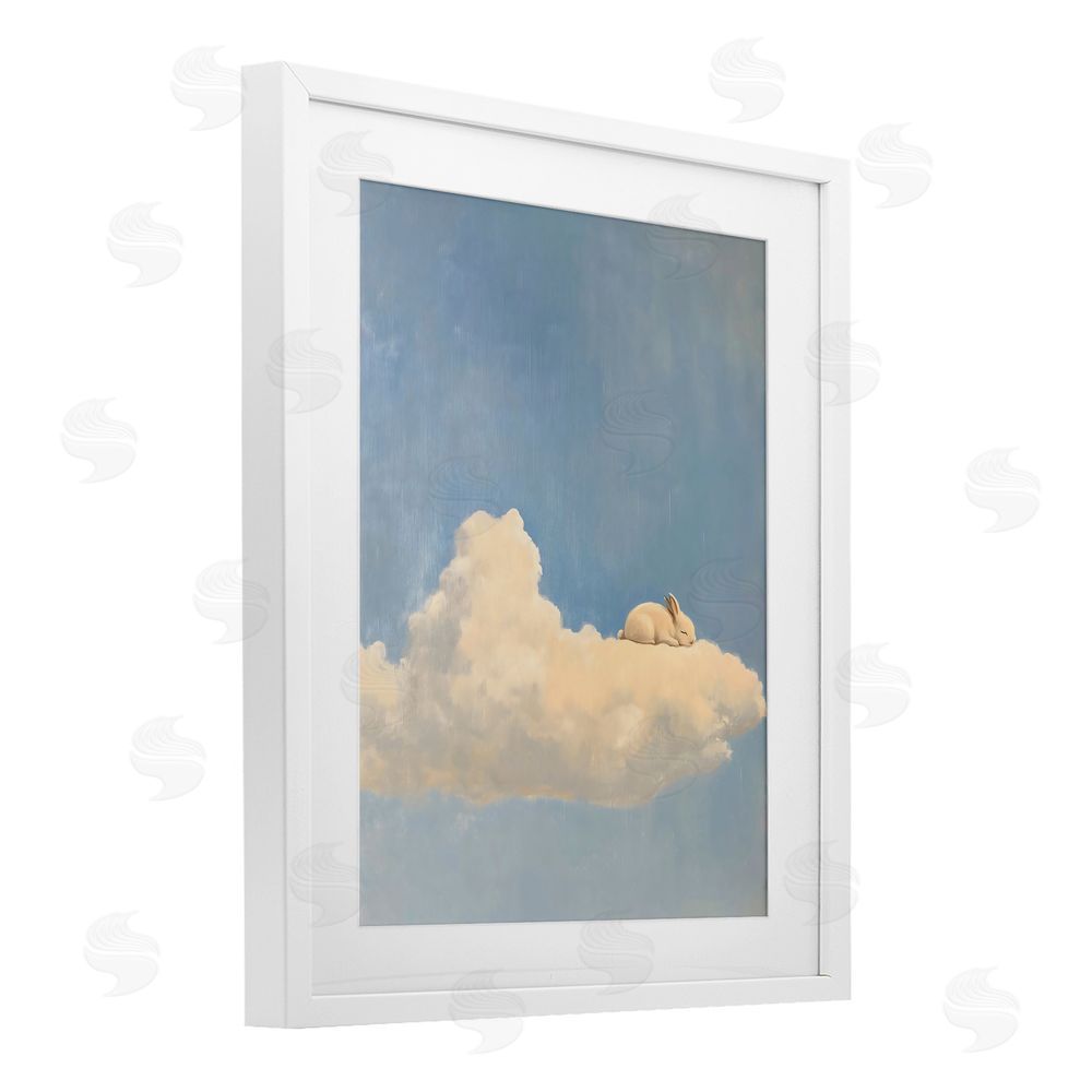 The Prints Vibe Sleeping Bunny on Cloud White Framed Print Under Glass with White Mat Wall Art