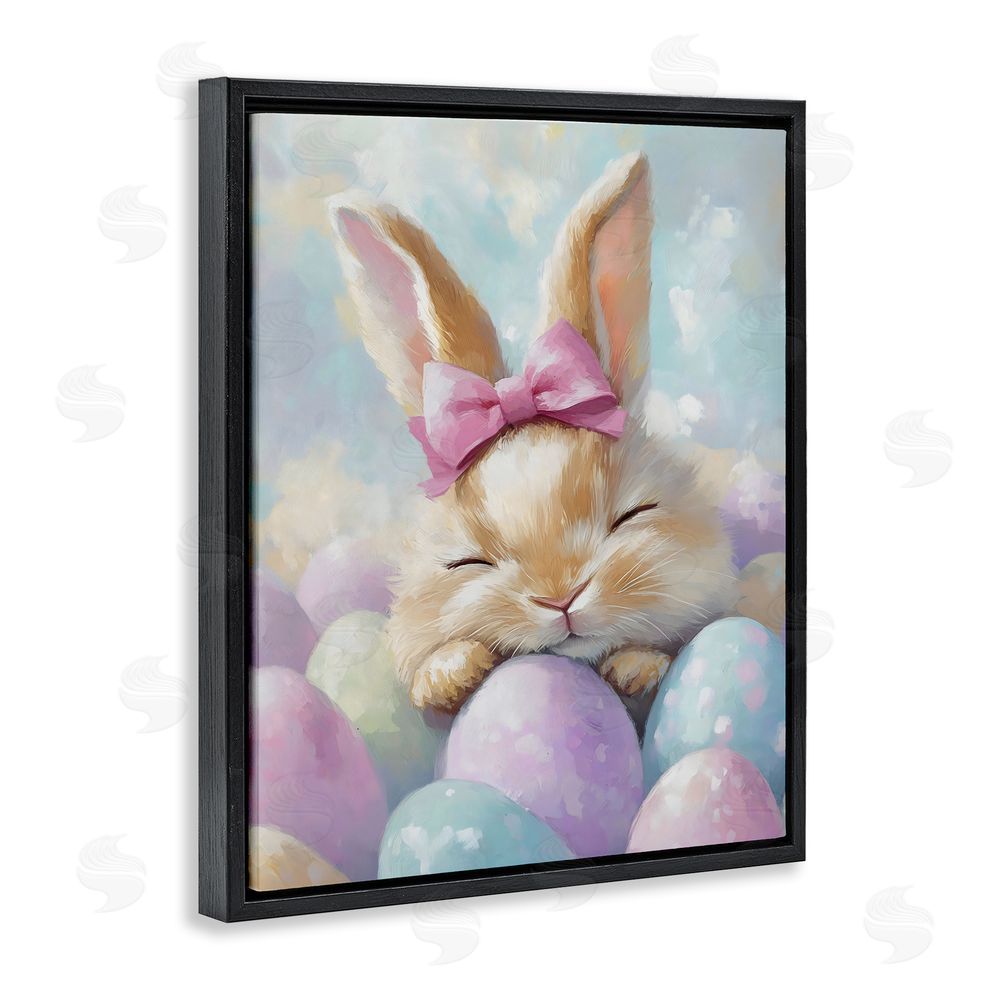 The Prints Vibe Sleeping Easter Bunny with Eggs Black Floating Framed Canvas Wall Art Print
