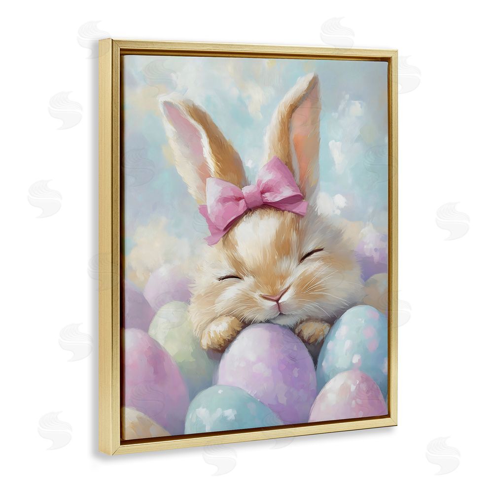 The Prints Vibe Sleeping Easter Bunny with Eggs Gold Floating Framed Canvas Wall Art Print