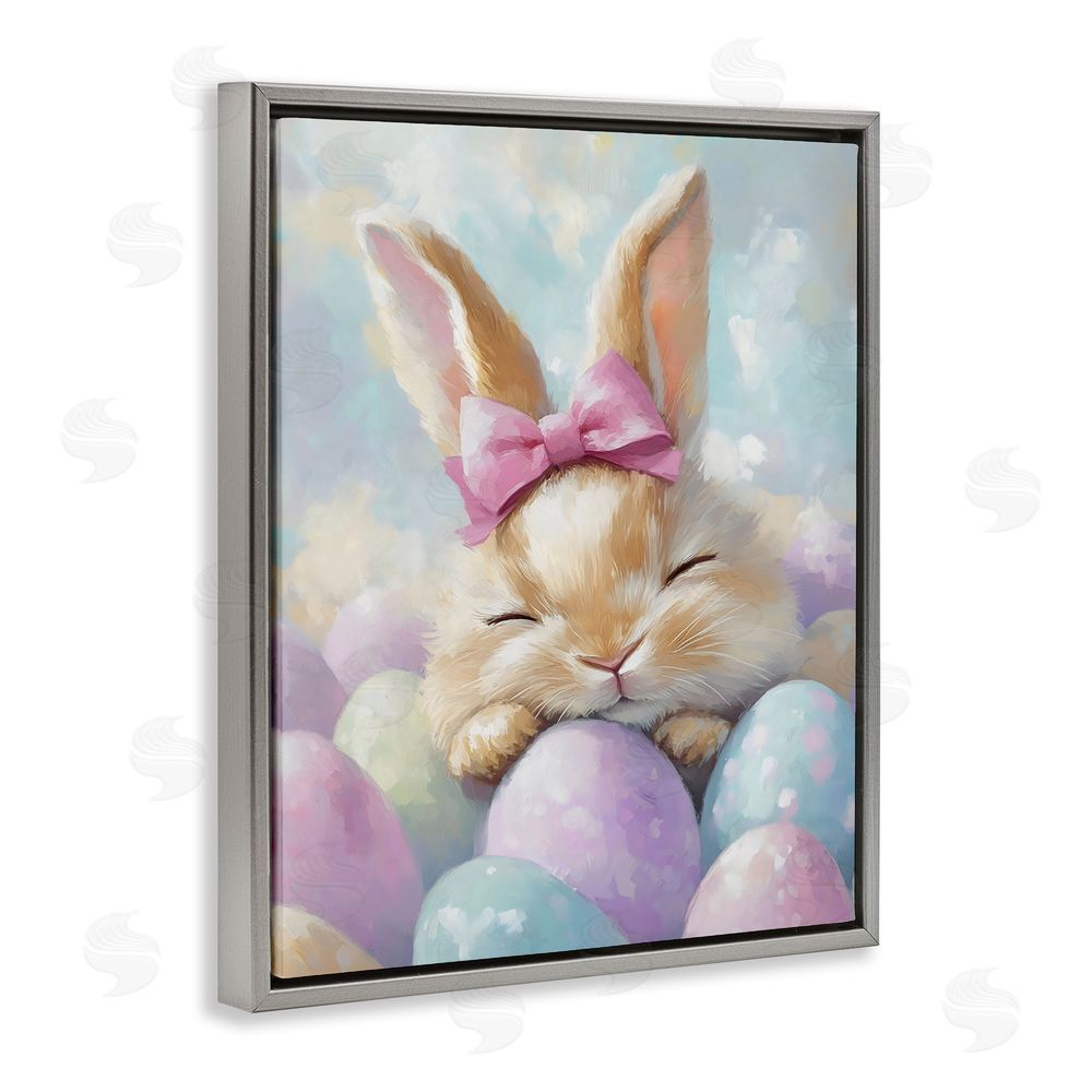 The Prints Vibe Sleeping Easter Bunny with Eggs Gray Floating Framed Canvas Wall Art Print