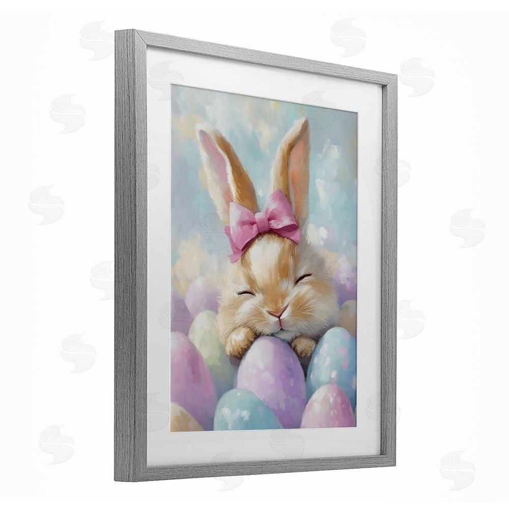 The Prints Vibe Sleeping Easter Bunny with Eggs Gray Framed Print Under Glass with White Mat Wall Art
