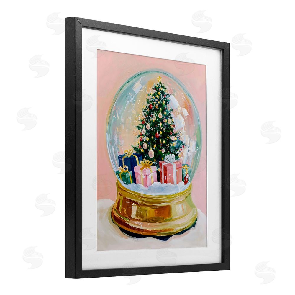 The Prints Vibe Christmas Snow Globe on Pink Black Framed Print Under Glass Wall Art