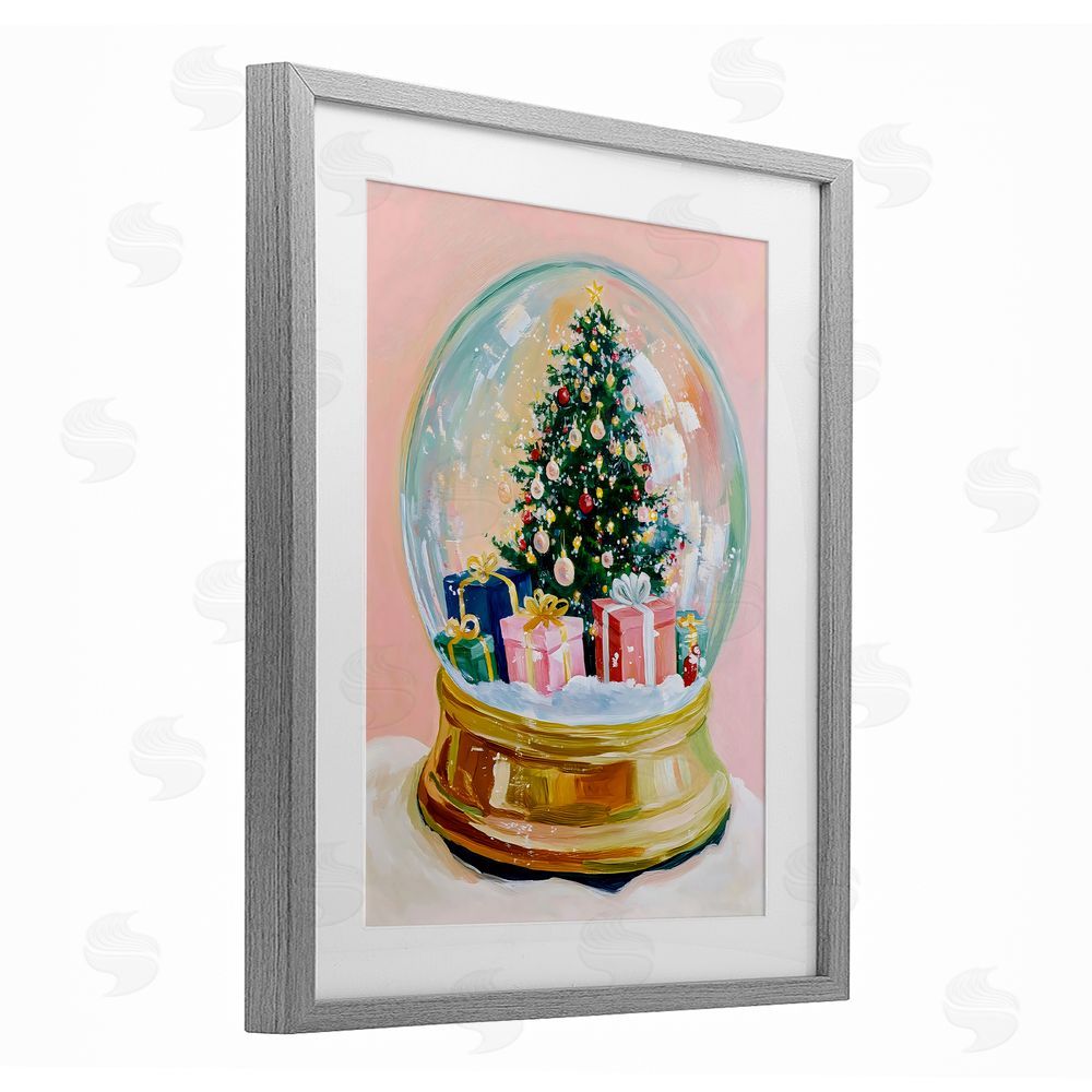 The Prints Vibe Christmas Snow Globe on Pink Gray Framed Print Under Glass Wall Art