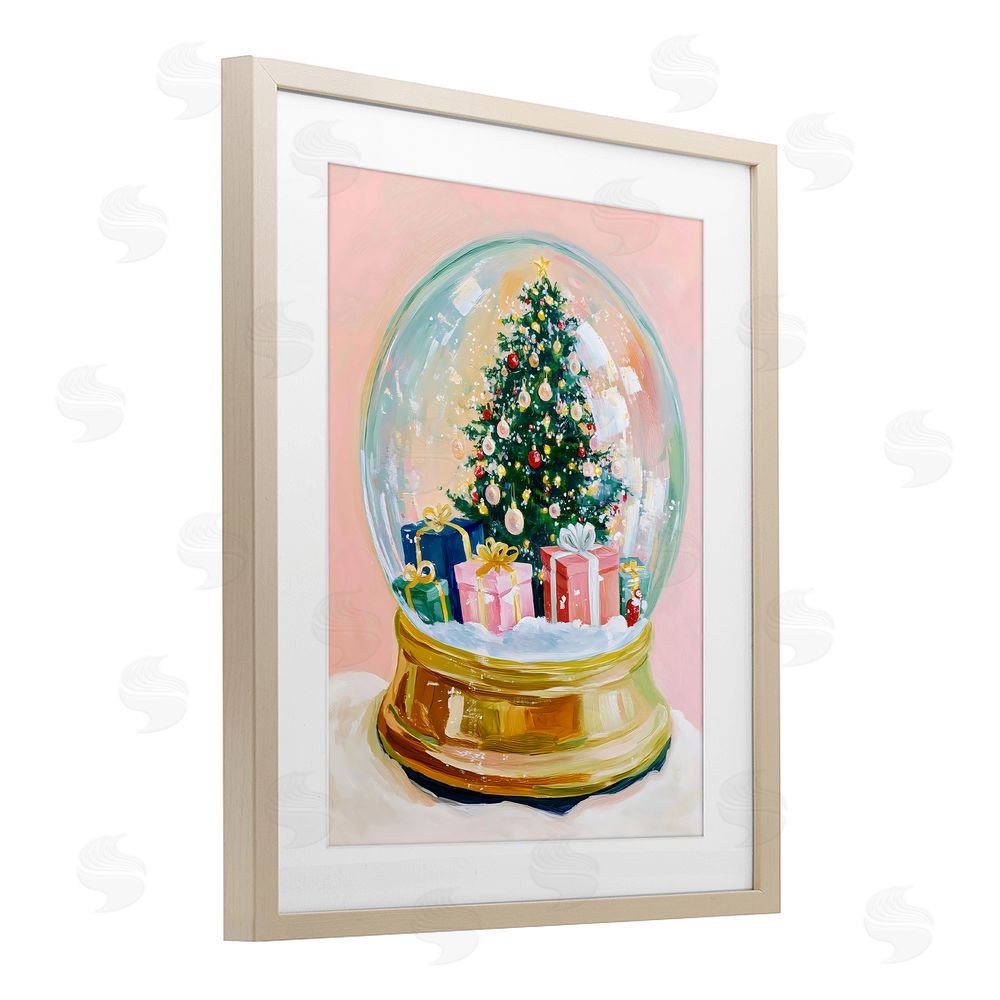 The Prints Vibe Christmas Snow Globe on Pink Brown Framed Print Under Glass Wall Art