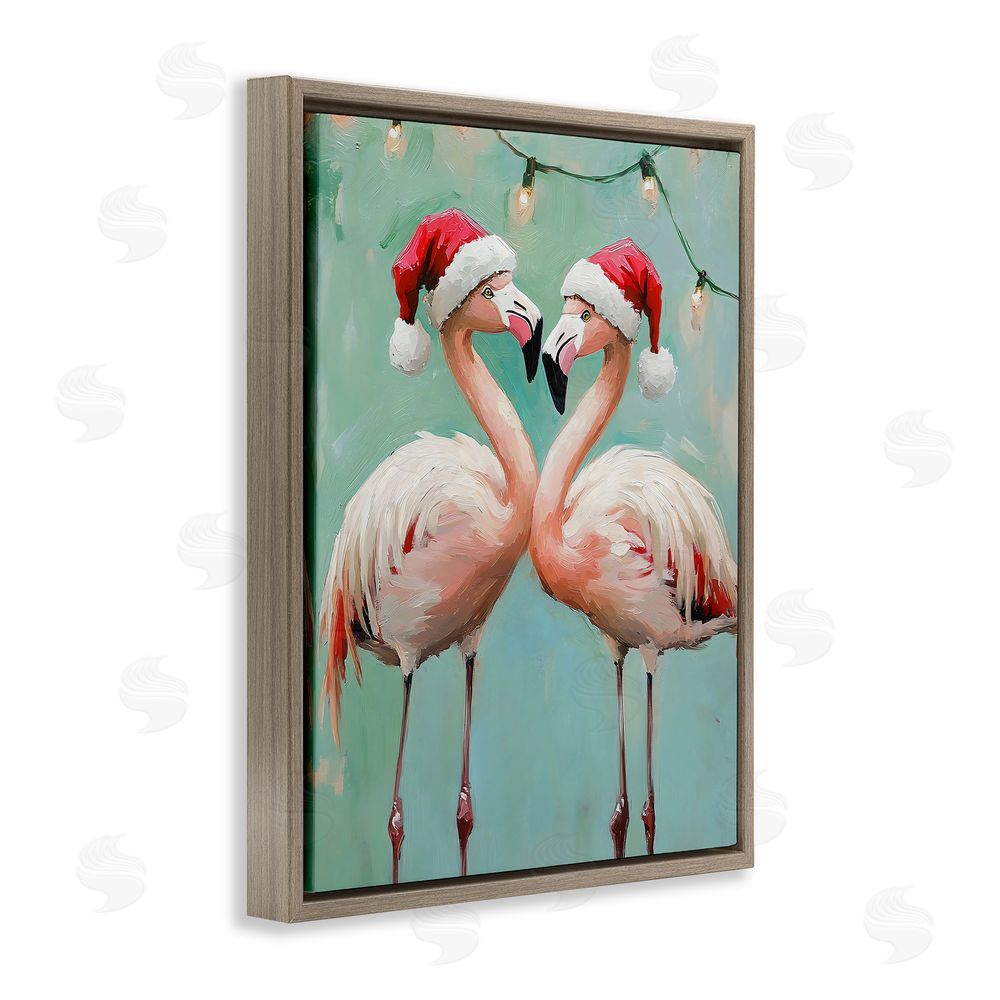 The Prints Vibe Christmas Flamingos in Santa Hats Brown Floating Frame Canvas Wall Art Print