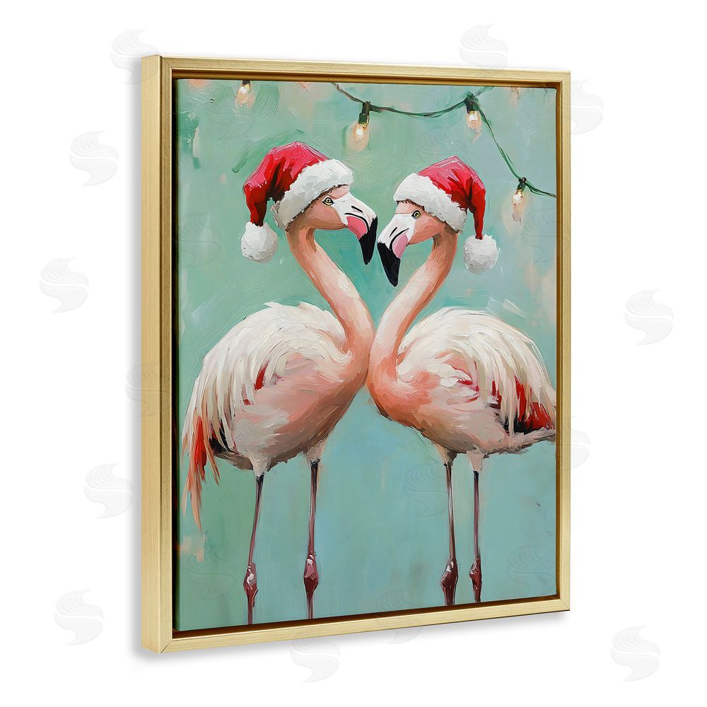 The Prints Vibe Christmas Flamingos in Santa Hats Gold Floating Frame Canvas Wall Art Print