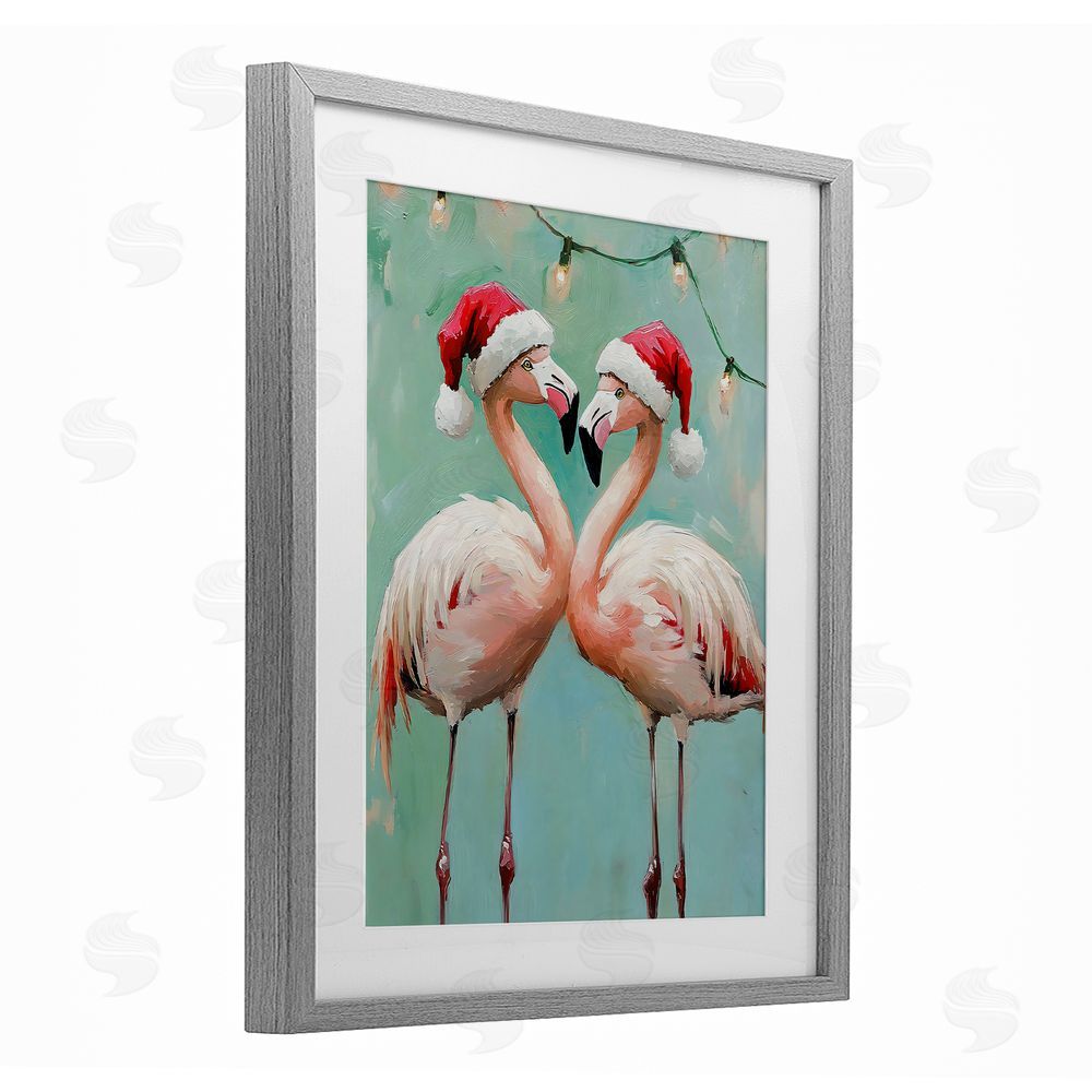 The Prints Vibe Christmas Flamingos in Santa Hats Gray Framed Print Under Glass Wall Art