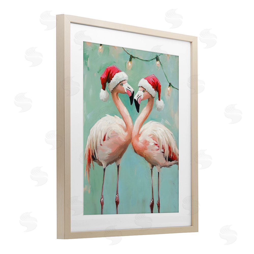 The Prints Vibe Christmas Flamingos in Santa Hats Brown Framed Print Under Glass Wall Art