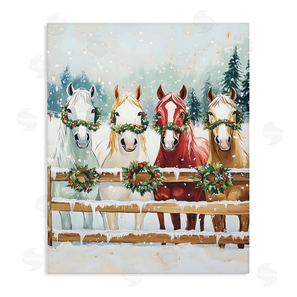 The Prints Vibe Christmas Horses with Holly Wreaths Stretched Canvas Wall Art