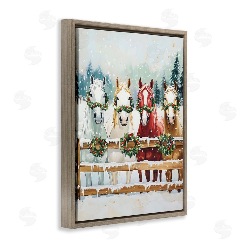 The Prints Vibe Christmas Horses with Holly Wreaths Brown Floating Frame Canvas Wall Art Print