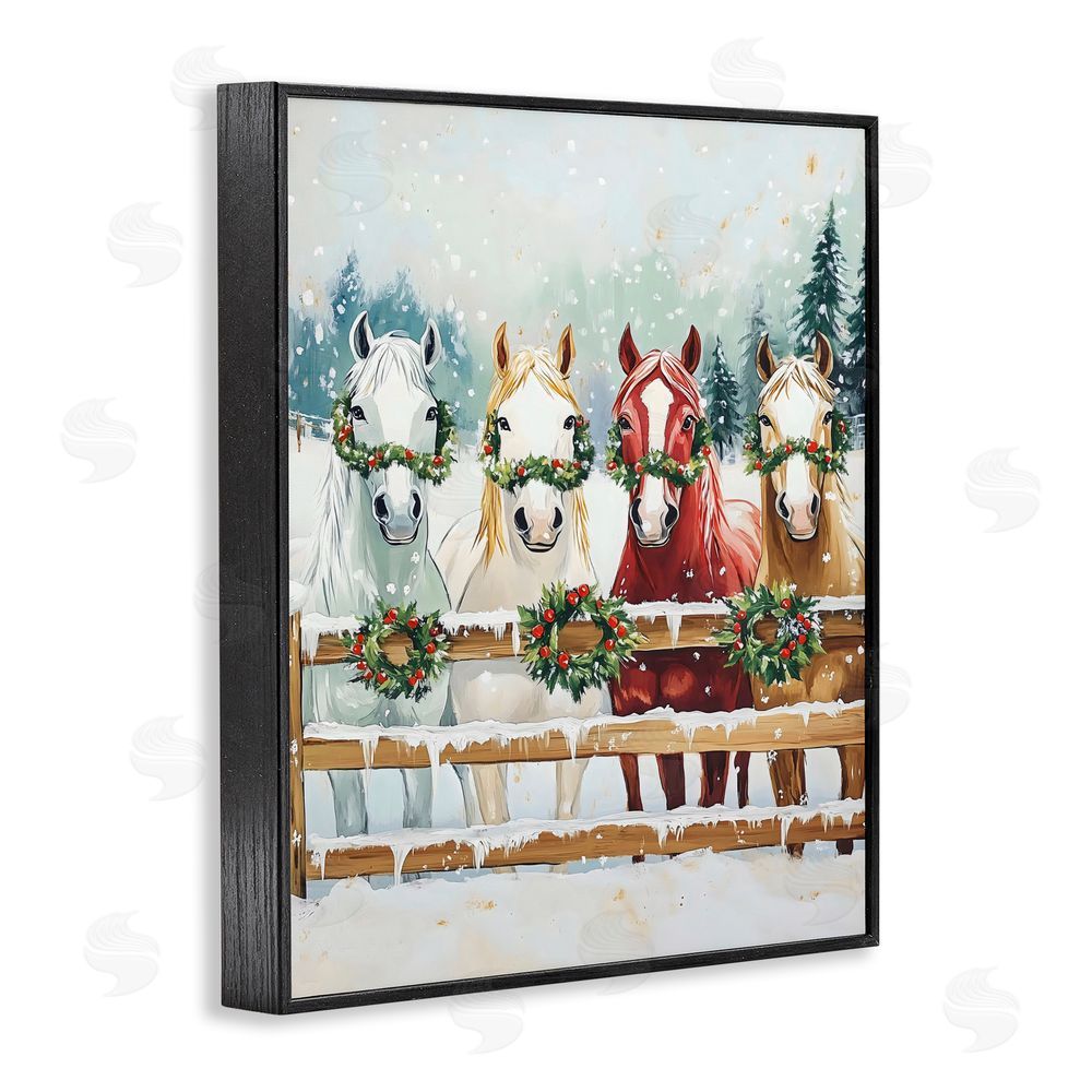 The Prints Vibe Christmas Horses with Holly Wreaths Black Framed Giclee Wall Art Print