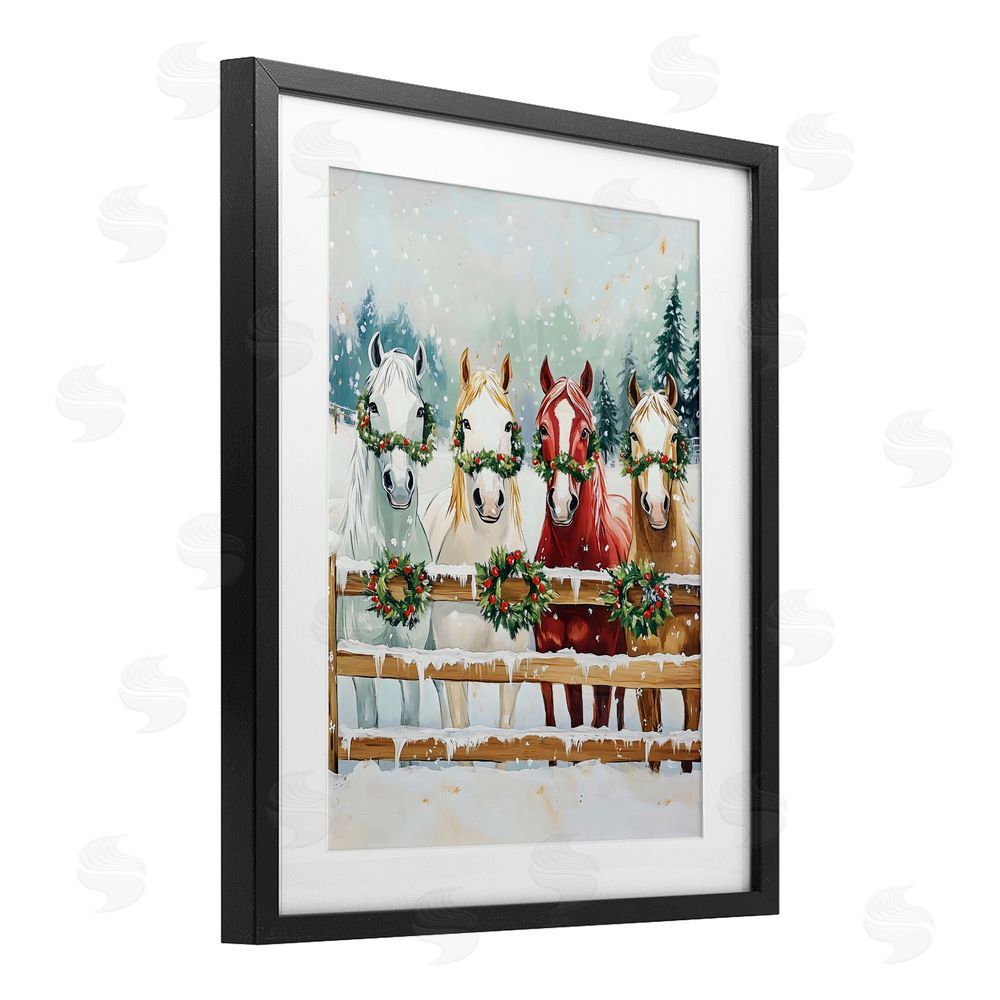 The Prints Vibe Christmas Horses with Holly Wreaths Black Framed Print Under Glass Wall Art