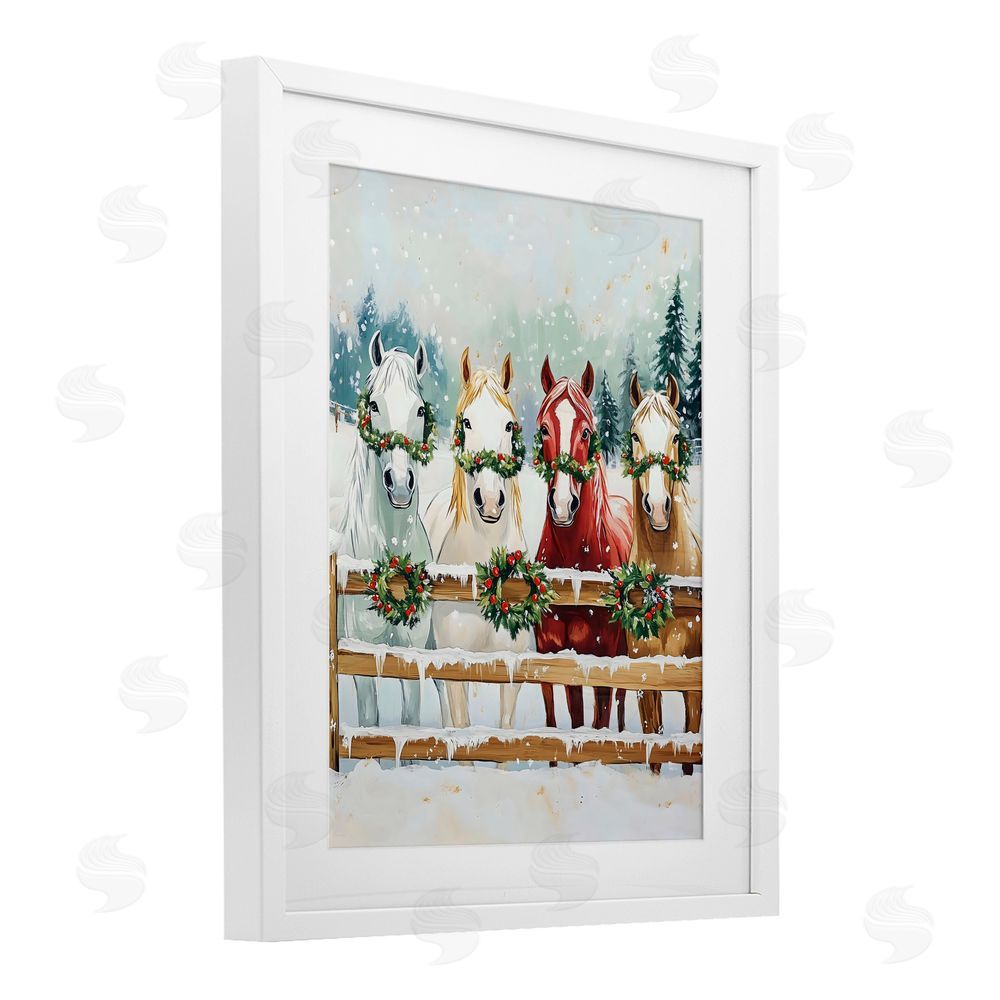 The Prints Vibe Christmas Horses with Holly Wreaths White Framed Print Under Glass Wall Art
